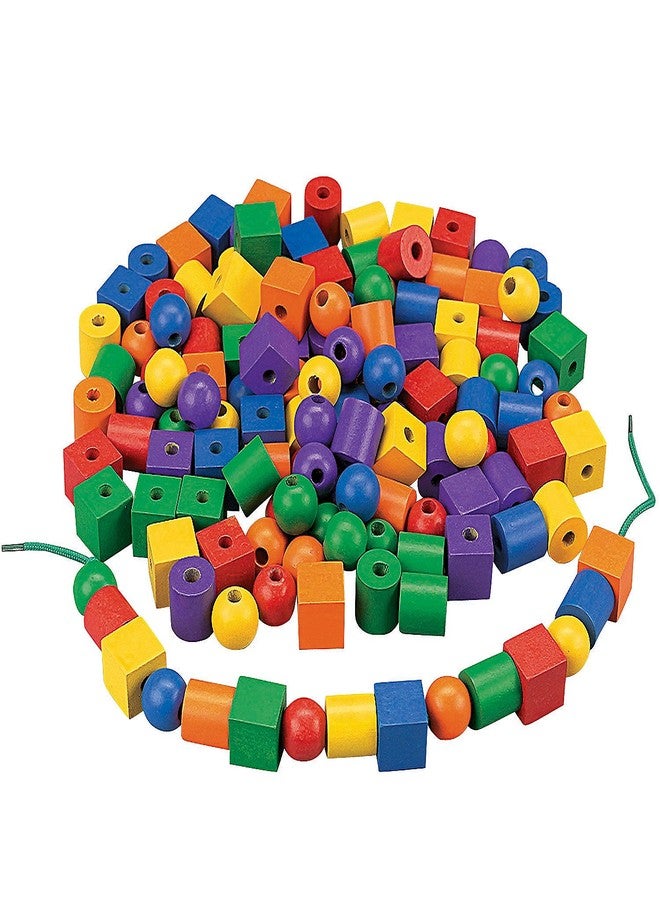 Fun Express Wonderful Wood Lacing Beads with String - Bulk Set of 120 Pieces - Educational and Learning Activities for Kids